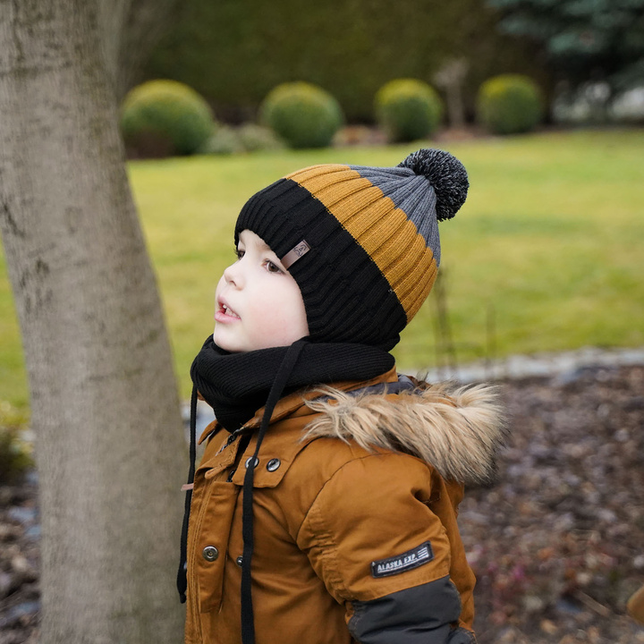 Boy's winter set: hat and tube scarf grey Hary with pompom