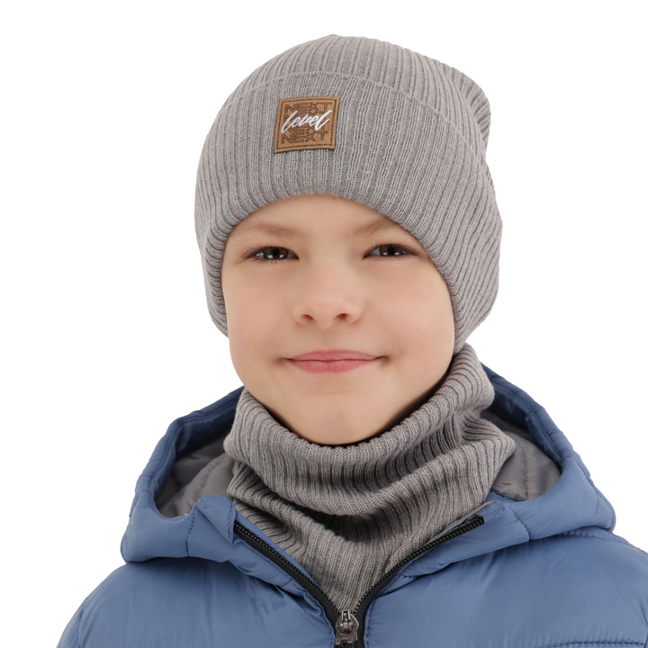 Children's autumn/ spring set: hat and tube scarf, with cotton, grey Fenix