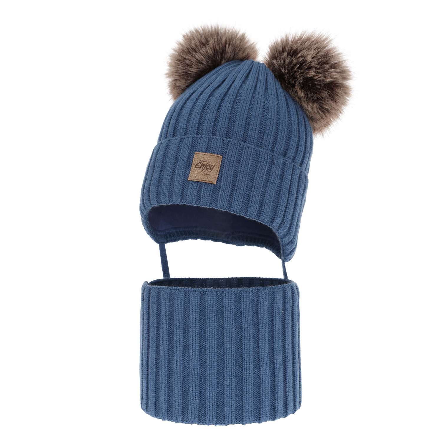 Boy's winter set: hat and tube scarf blue with two pompoms Orange