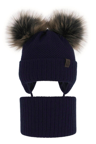 Boy's winter set: hat and tube scarf navy blue Randel with two pompom