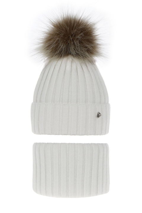 Girl's winter set: hat and tube scarf white Wilma with pompom