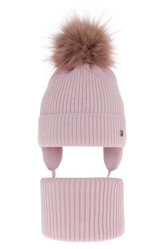 Girl's winter set: hat and tube scarf violet with pompom Debra