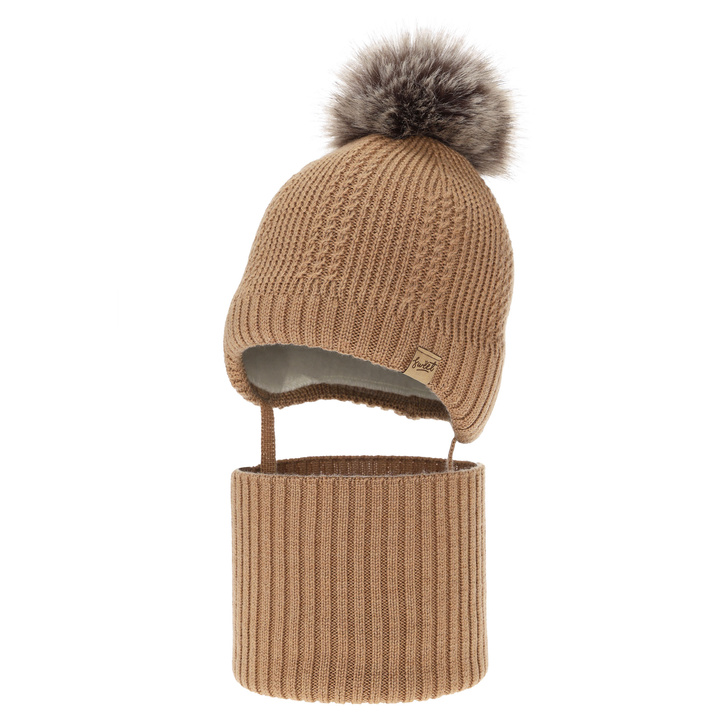 Boy's hat and tube scarf, winter set, camel, 100% merino wool, lined with wool fleece, with ties Danny