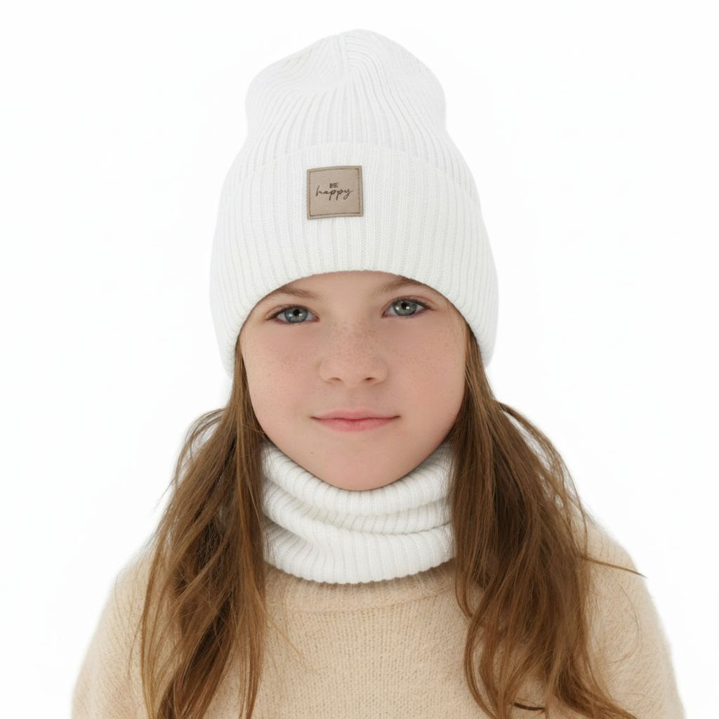 Girl spring, autumn set: hat and tube scarf, white, 100% merino wool, Vanita