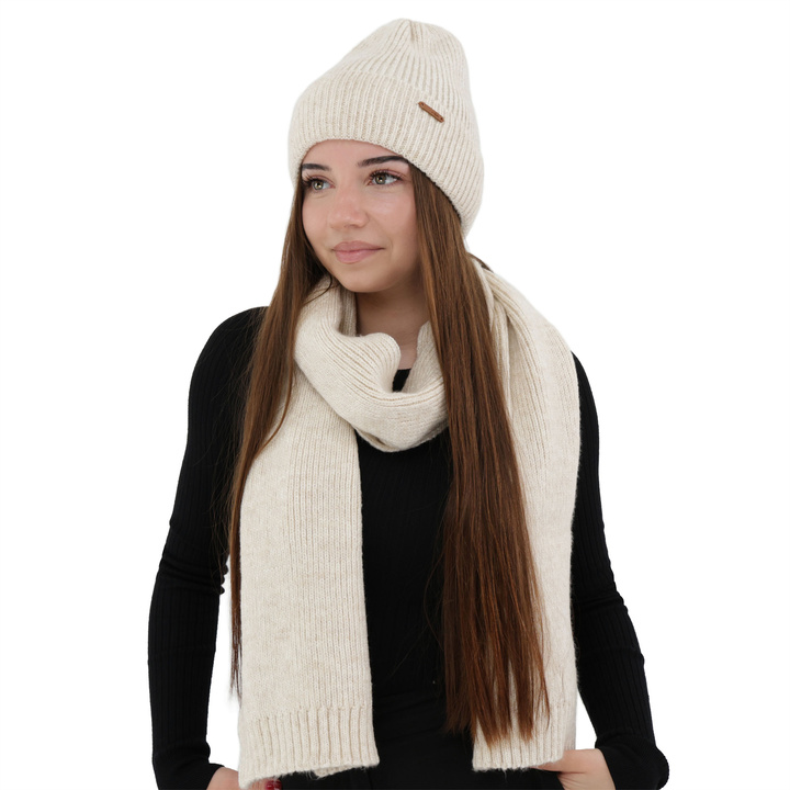 Woman's winter set: hat and scarf, light beige, with merino wool, Seala