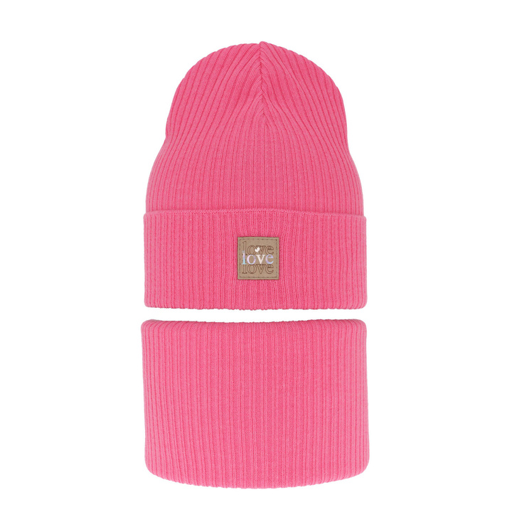 Girl's spring/ autumn set: hat and tube scarf, with cotton, pink Furora