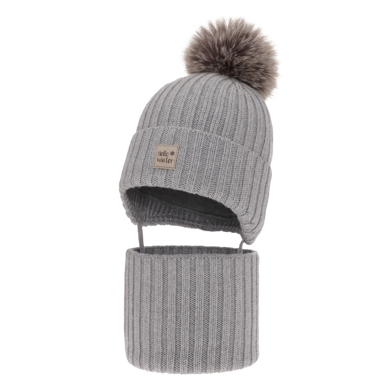 Boy's winter set: hat and tube scarf, grey, 100% extra fine merino wooll, lined with wool fleece Morti