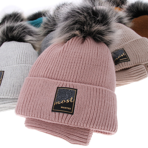 Girl's winter set: hat and tube scarf honey Sycylia with pompom