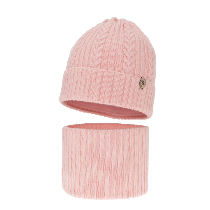 Girl's winter set: hat and tube scarf pink made of 100% extra fine merino wool Jenny