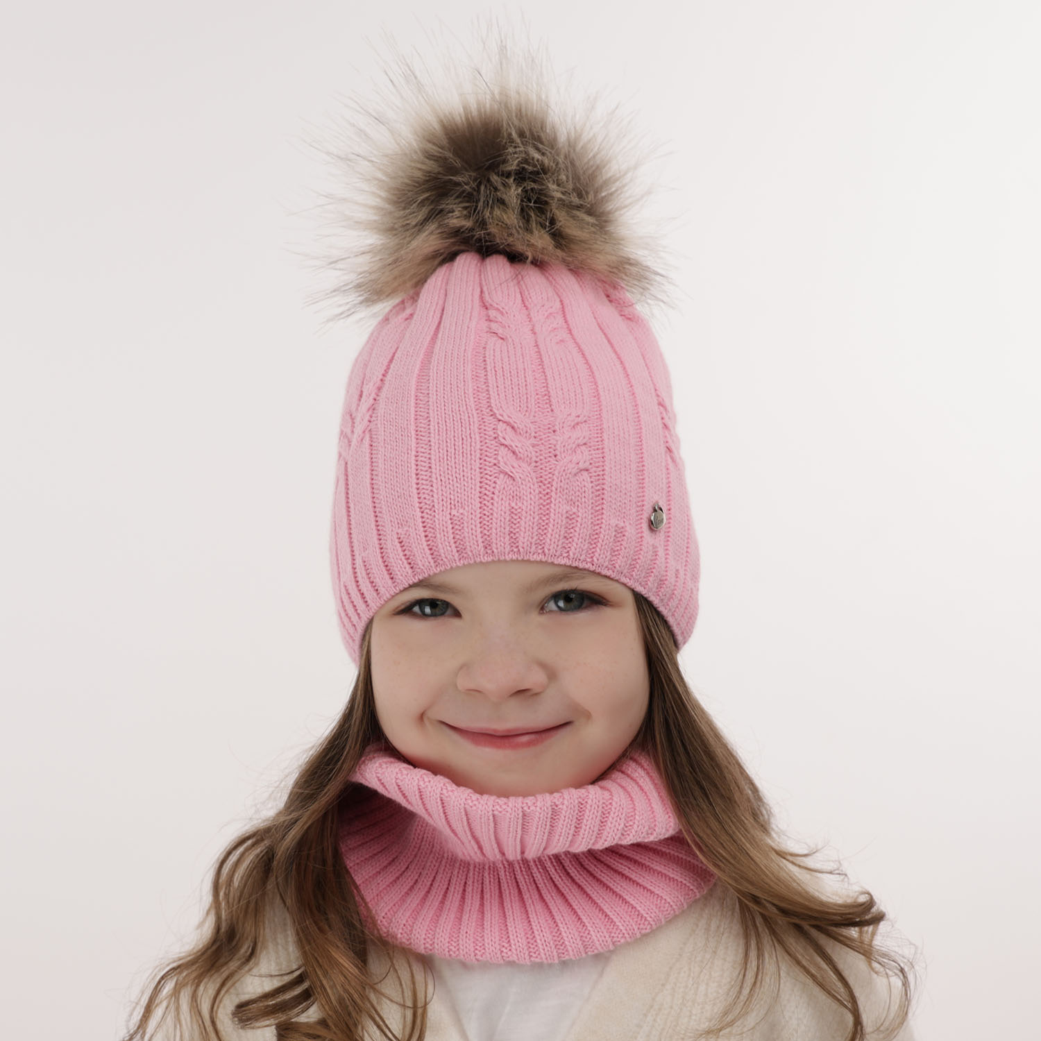 Girl's winter set: hat and tube scarf ecru Amaltea with pompom