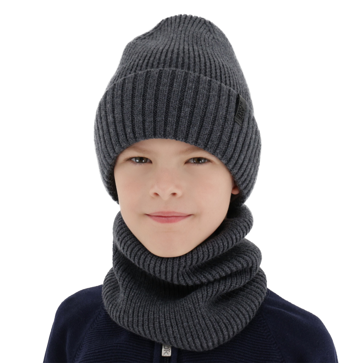 Boy's winter set: hat and tube scarf, 100% merino wool, with merino wool lining, grey Harbin