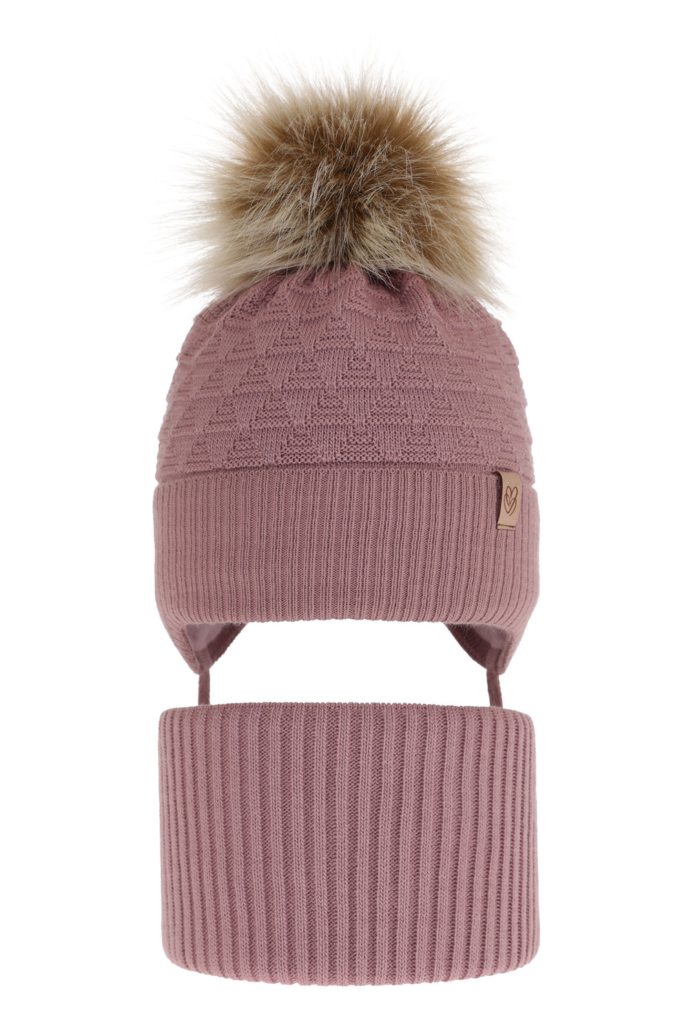 Girl's winter set: pink hat and tube scarf with pompom Egeria