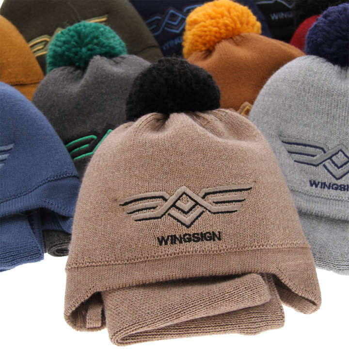 Boy's winter set: hat and tube scarf beige Wings with pompom