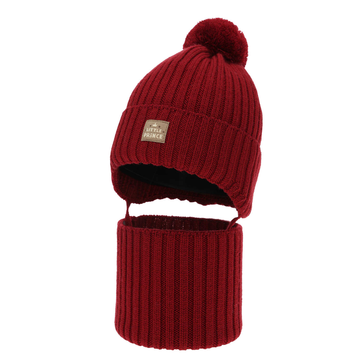 Boy's winter set: hat and tube scarf, burgundy, 100% merino wool, wool fleece lining, with ears, Masil