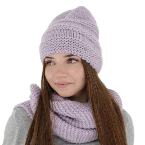 Woman's winter set: hat and tube scarf, purple, with merino wool, Driva