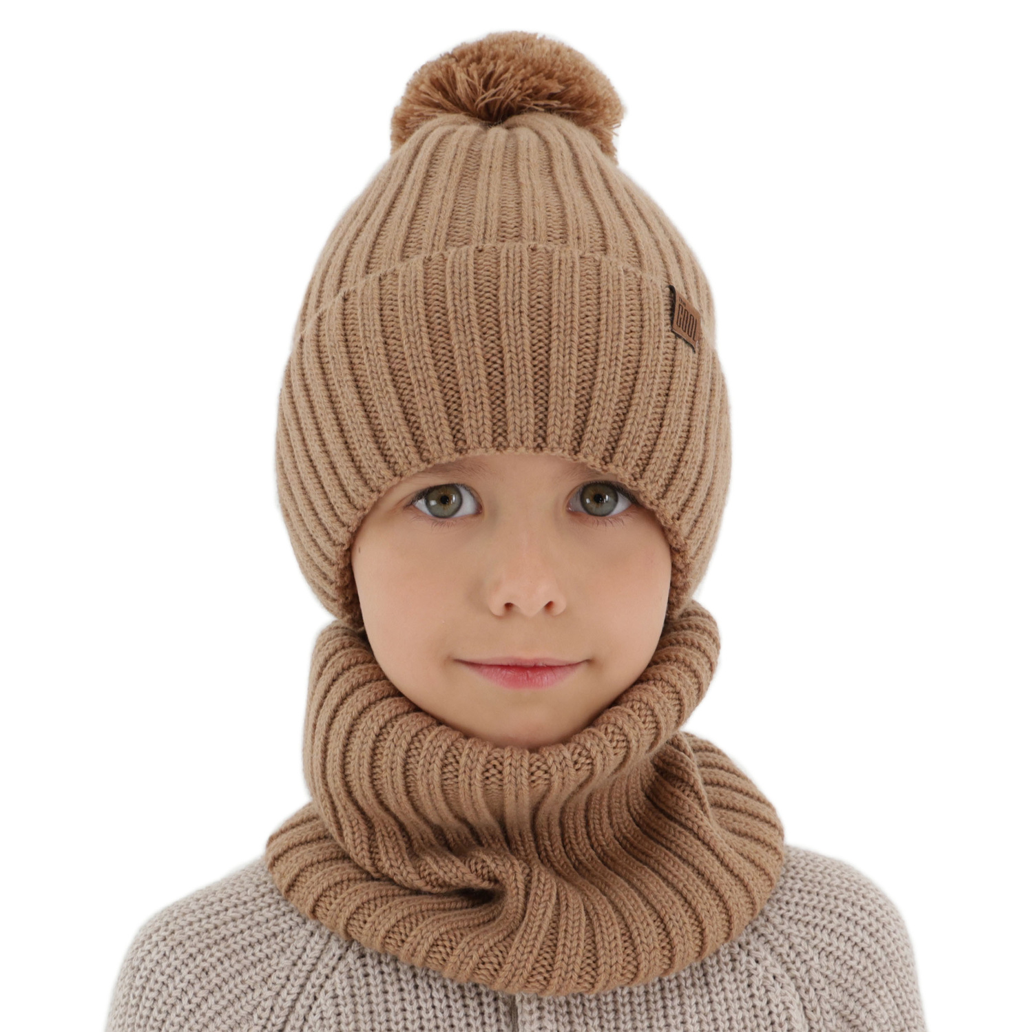 Boy's winter set: hat and tube scarf, 100% merino wool, cotton lining, camel Tolmar