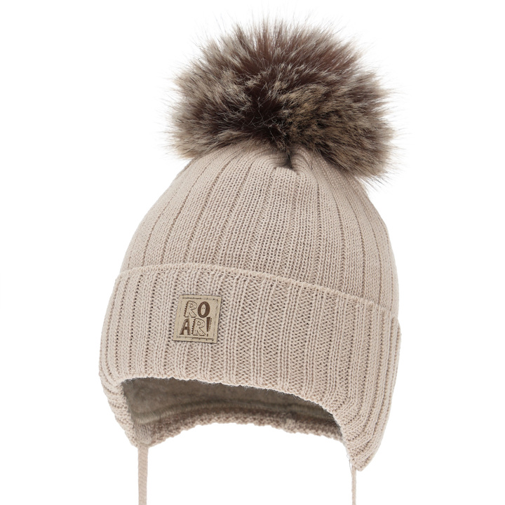 Boy's winter hat with merino wool, beige, with ears, Nabil