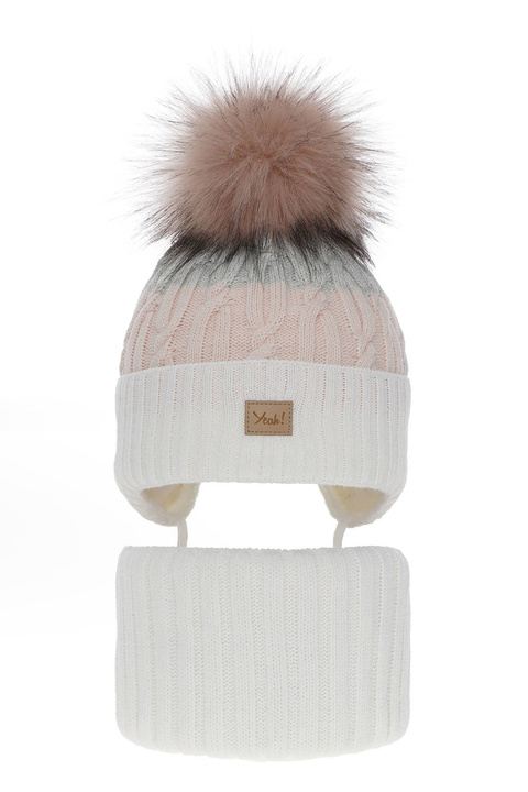 Girl's winter set: hat and tube scarf ecru Riviera with pompom