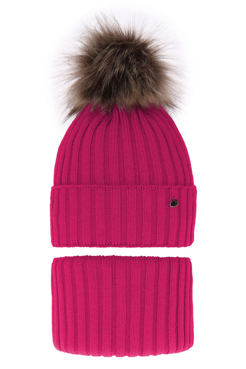 Girl's winter set: hat and tube scarf pink Wilma with pompom