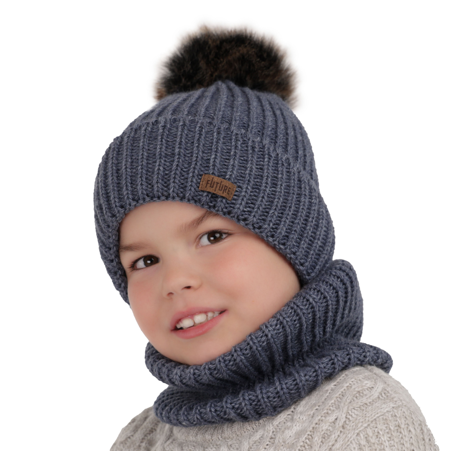 Boy's winter set: hat and tube scarf grey with pompom Wonder