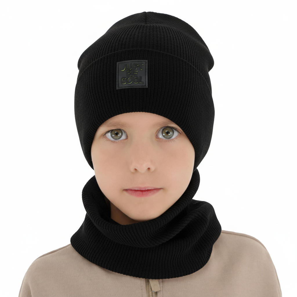 Boy's spring, autumn set: hat and tube scarf, with cotton, gray, Jonas