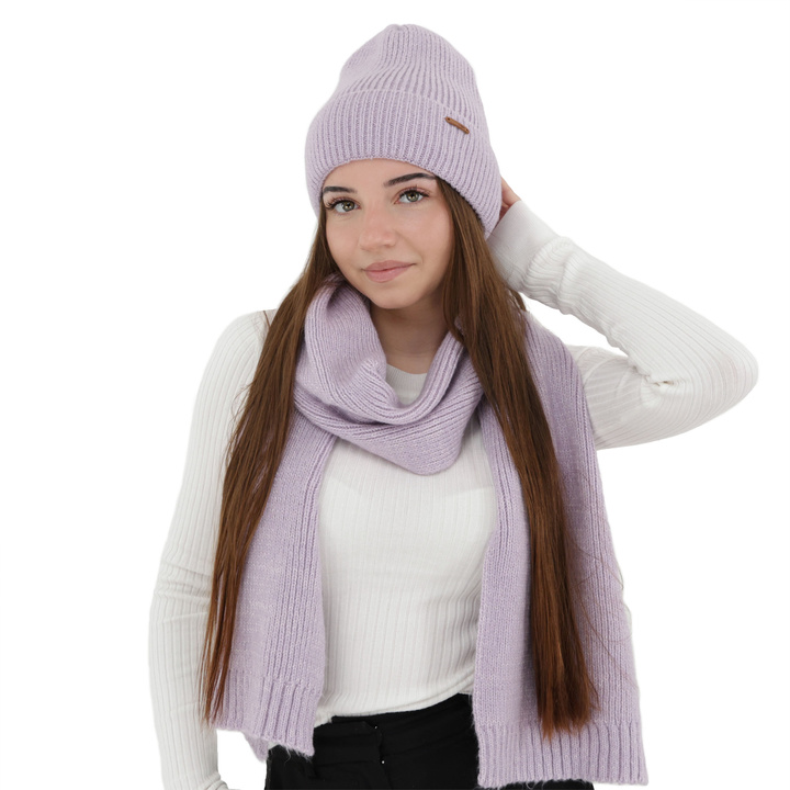 Woman's winter set: hat and scarf, purple, with merino wool, Seala