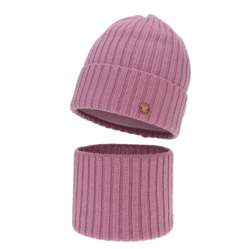 Girl's winter set: hat and tube scarf, pink, 100% merino wool, cotton lining, Vanira