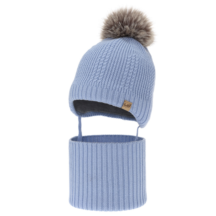 Boy's hat and tube scarf, winter set, light blue, 100% merino wool, lined with wool fleece, with ties Danny