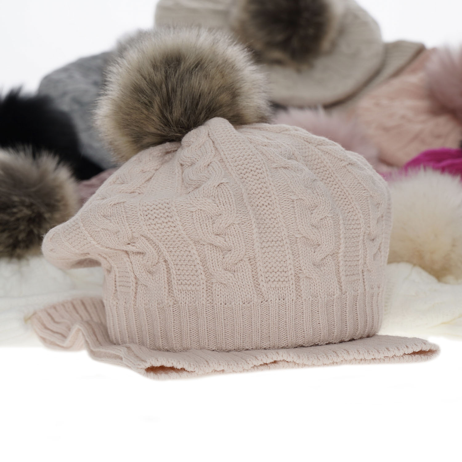 Girl's winter set: hat and tube scarf beige Koffi with pompom