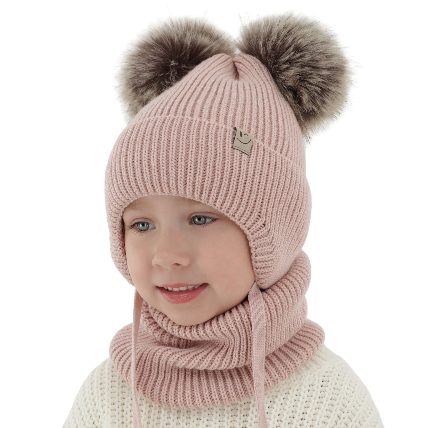 Girl's winter set: hat and tube scarf white with two pompom Zori