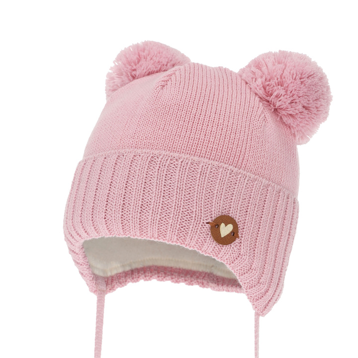 Girl's winter hat, pink, with ears, with merino wool, Mesyna