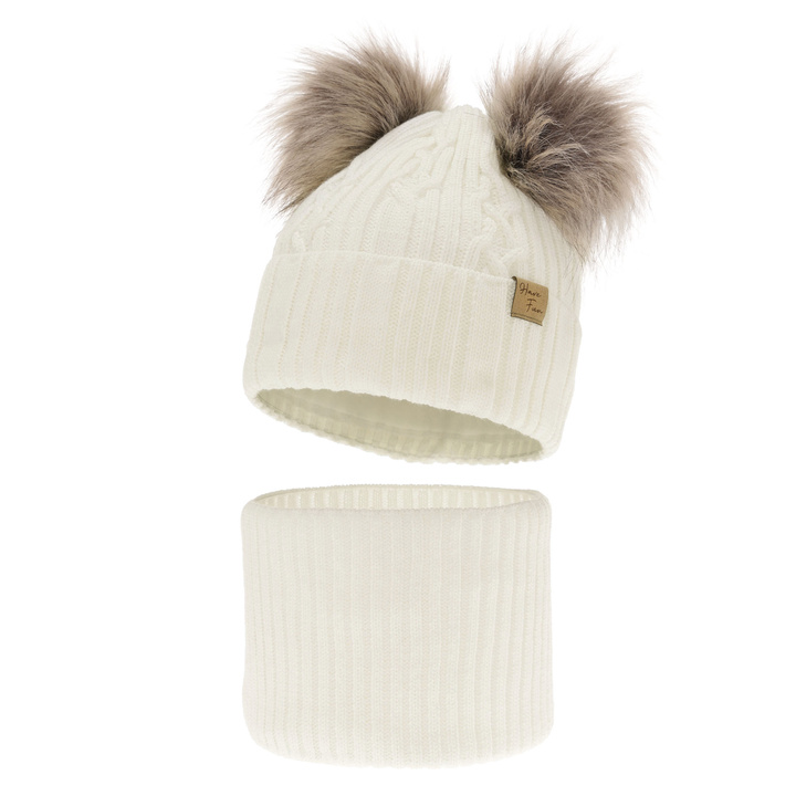Girl's winter set: hat and tube scarf white with two pompoms Sierra