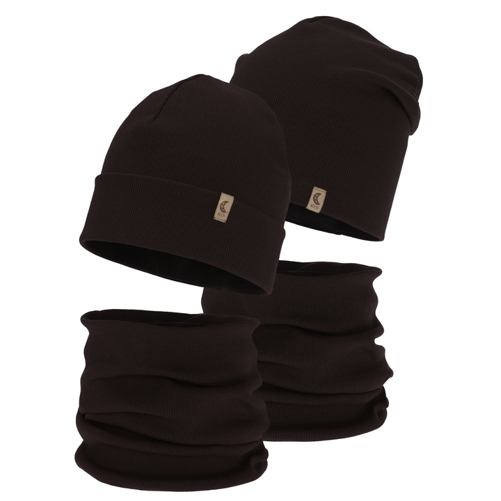 Girl's spring, autumn set: hat and tube scarf, dark brown, cotton, Bravura