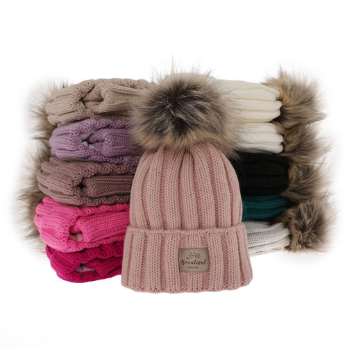 Girl's winter set: hat and tube scarf ecru with pompom Kalope