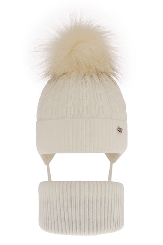 Girl's winter set: hat and tube scarf ecru with pompom Tukana