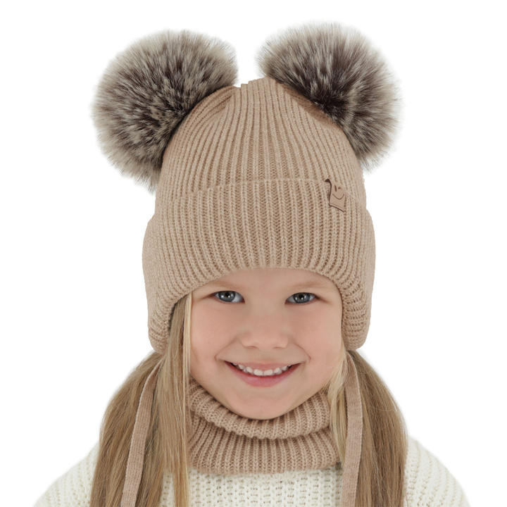 Girl's winter set: hat and tube scarf beige with two pompom Zori