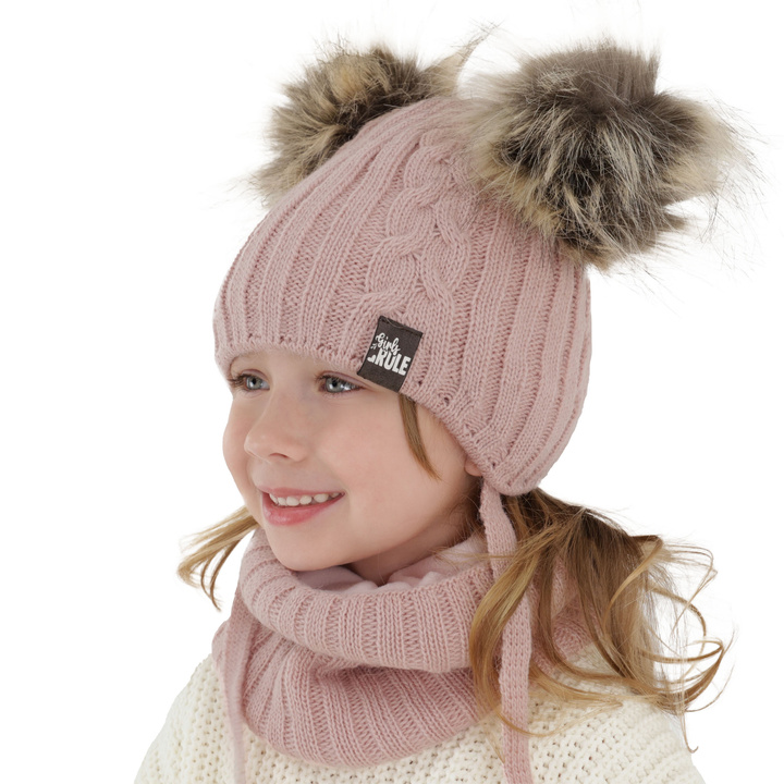 Girl's winter set: hat and tube scarf pink Marlen with two pompom