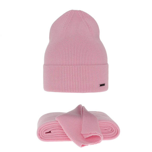 Women's spring and winter set: hat and scarf pink 100% extra fine merino wool Melpomena