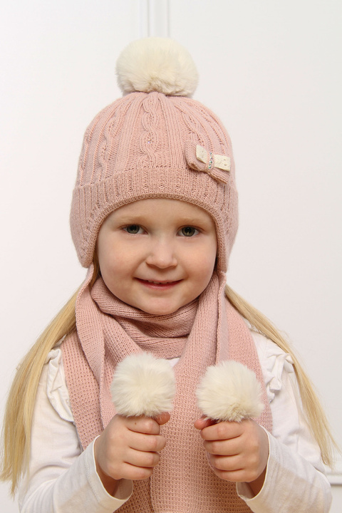 Girl's winter set: hat and scarf navy blue Welwet with pompom