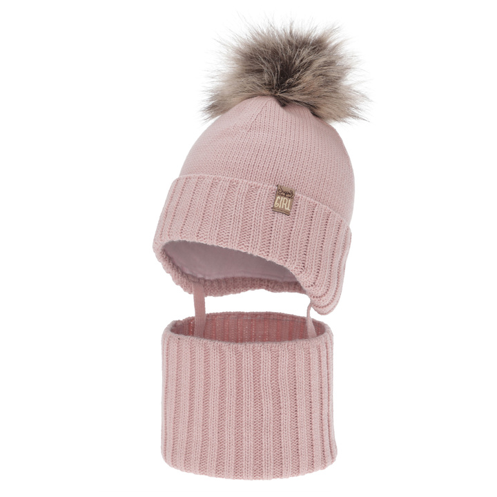 Girl's winter set: hat and tube scarf, pink, with pompom, Primula