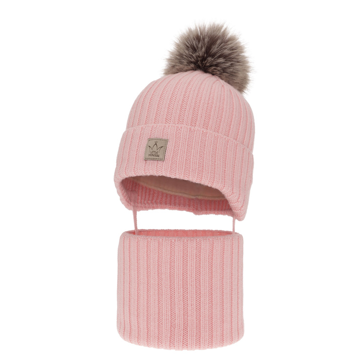Girl's winter set: hat and tube scarf pink made of 100% extra fine merino wool, lined with wool fleece Martina