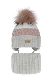 Girl's winter set: hat and tube scarf grey Riviera with pompom