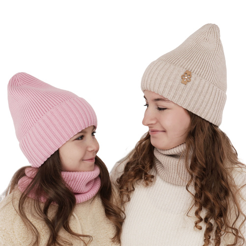 Girl's winter set: hat and tube scarf amaranth 100% extra finemerino wool Nelita