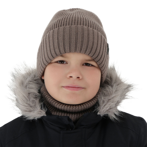 Boy's hat and tube scarf, winter set, 100% merino wool, with merino wool lining, brown Harbin