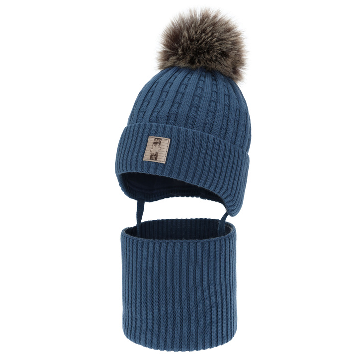 Boy's winter set: hat and tube scarf, blue, with pompom, Fiamanto