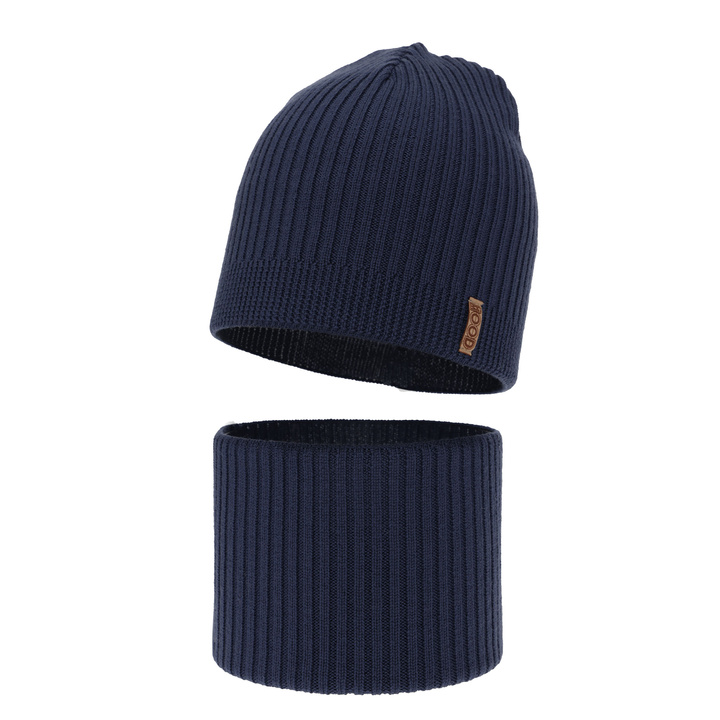 Boy's spring/ autumn set: hat and tube scarf navy blue 100% extra finemerino wool Chester