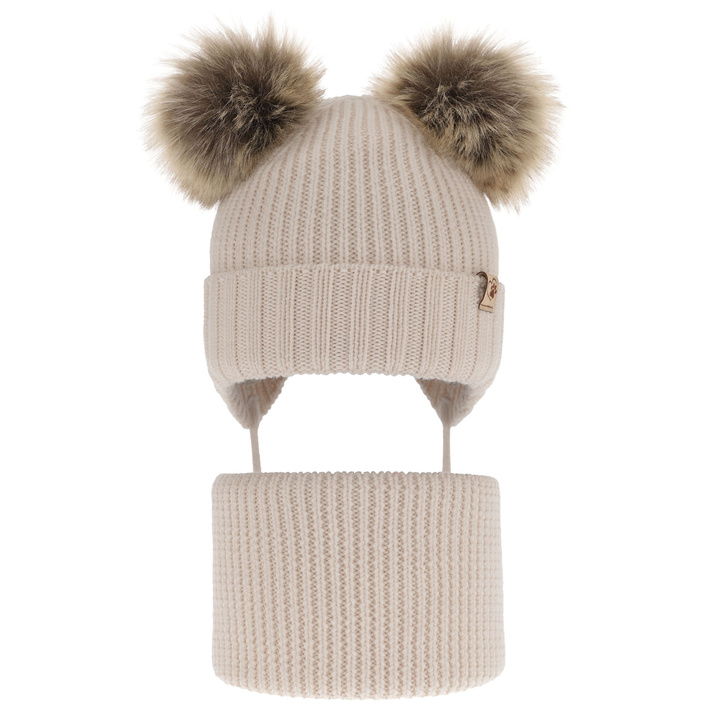 Girl's winter set: hat and tube scarf beige made of 100% extra fine merino wool Silvia