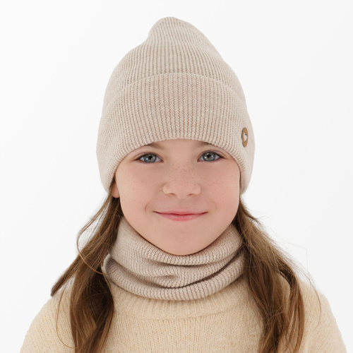 Girl spring autumn set hat and tube scarf beige 100% extra fine merino wool Brook