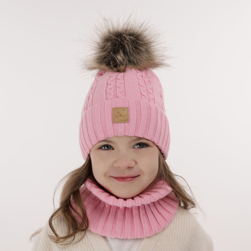 Girl's winter set: hat and tube scarf pink Alexia with pompom