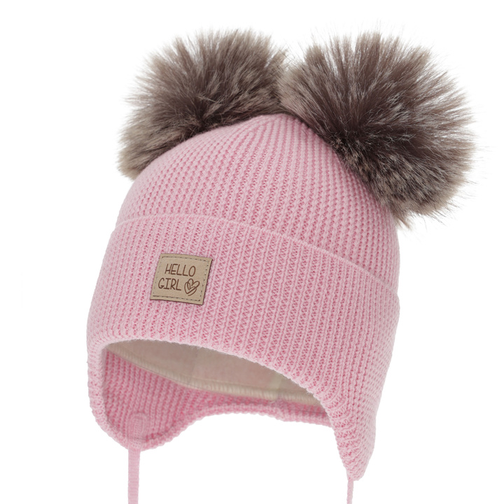 Girl's winter hat, pink, 100% merino wool, wool fleece lining, with ears, Trudina
